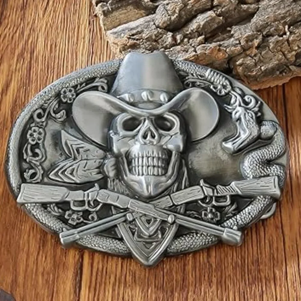 Cowboy‎ Skull Belt Buckle Big Silver Belt Buckle Western American